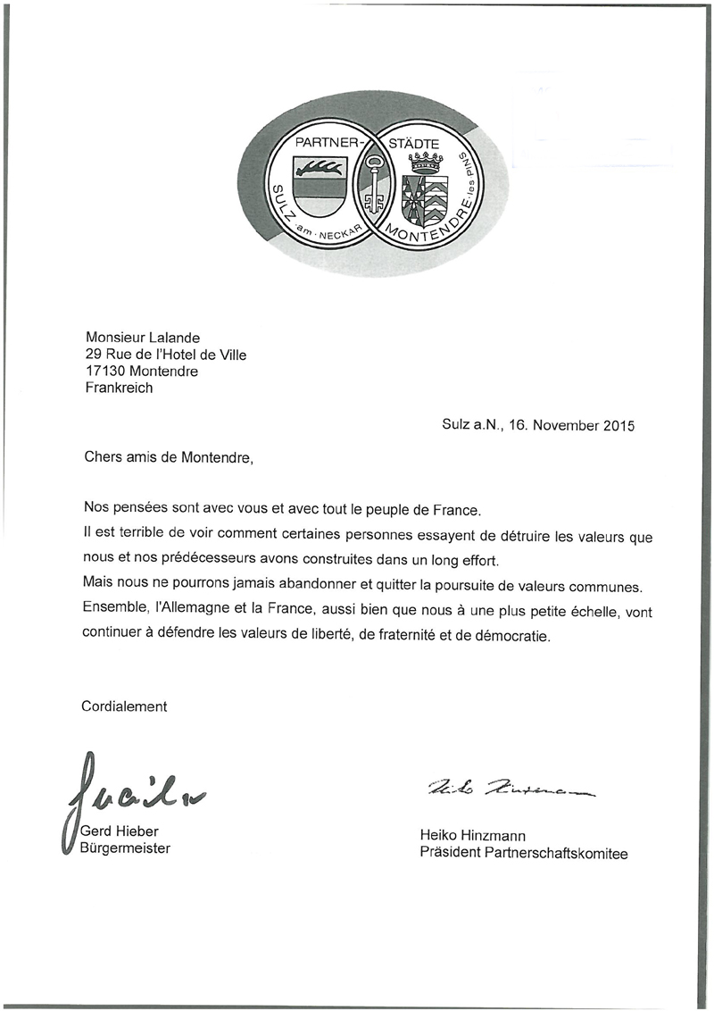 Nos amis sulzois s'associent à notre peine après les attentats du 13 novembre.