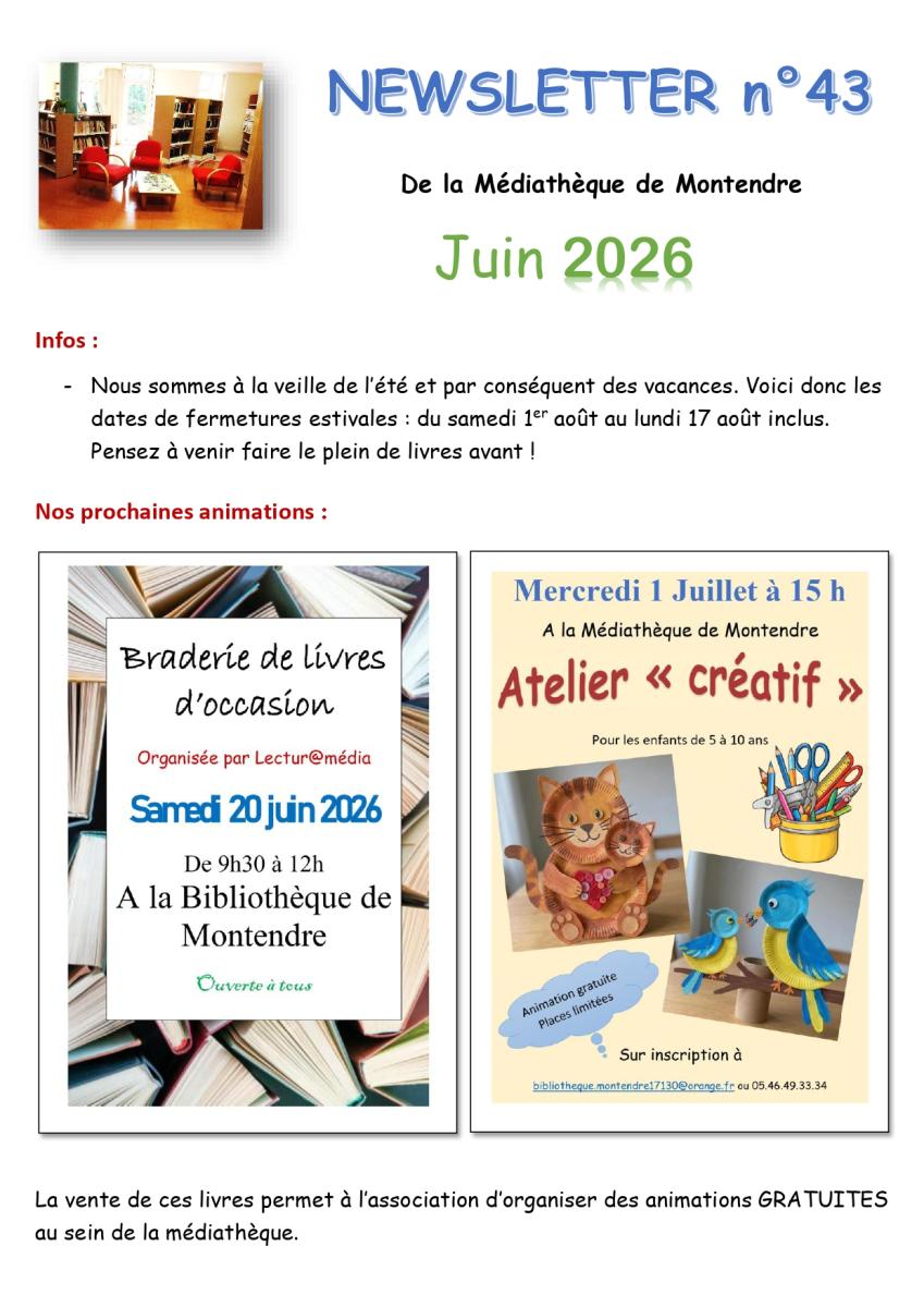 newsletter de la médiathèque de Montendre été 2026